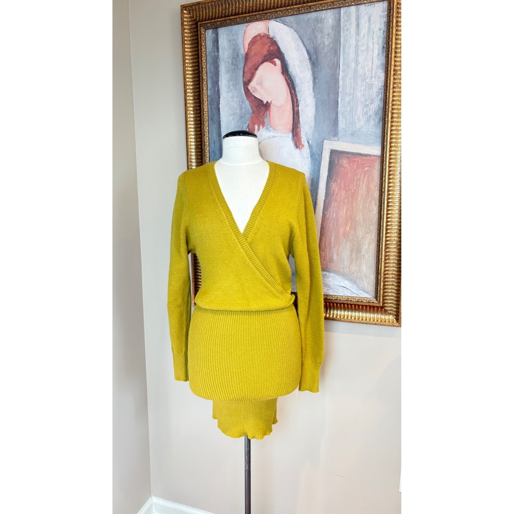 Urban Outfitters Mustard Yellow Ribbed Wrap Sweater Dress Medium